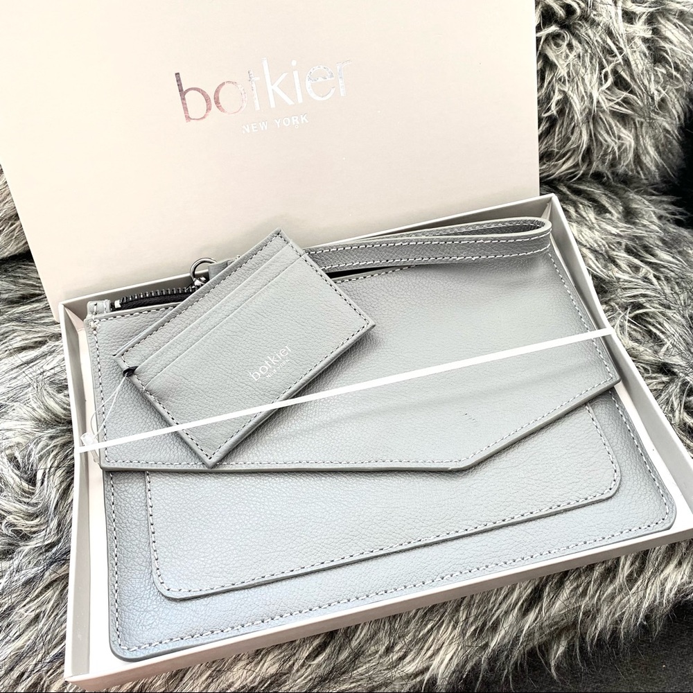 NWT In Box Botkier genuine leather wristlet and card wallet gift set gray